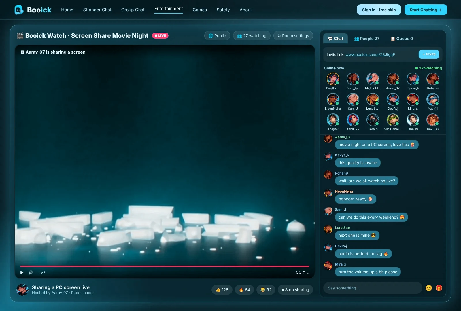 Share your PC screen and watch movies together in a Booick room