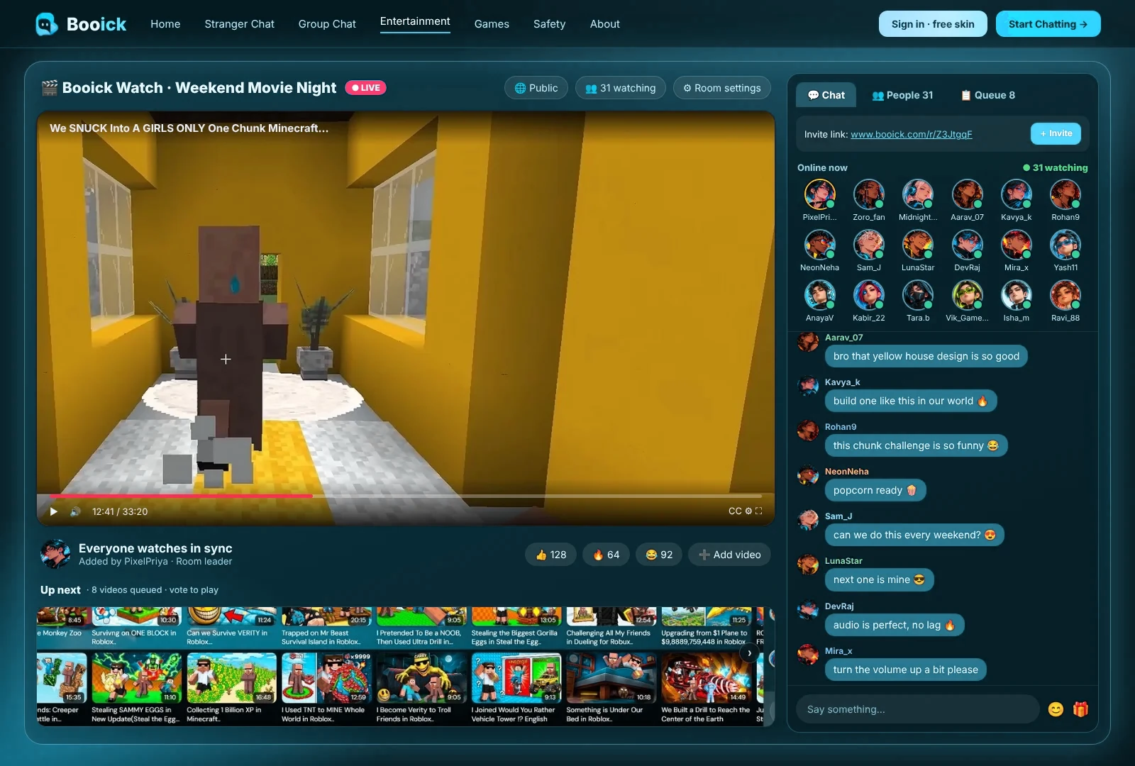 Watch YouTube together in a Booick entertainment room with live chat